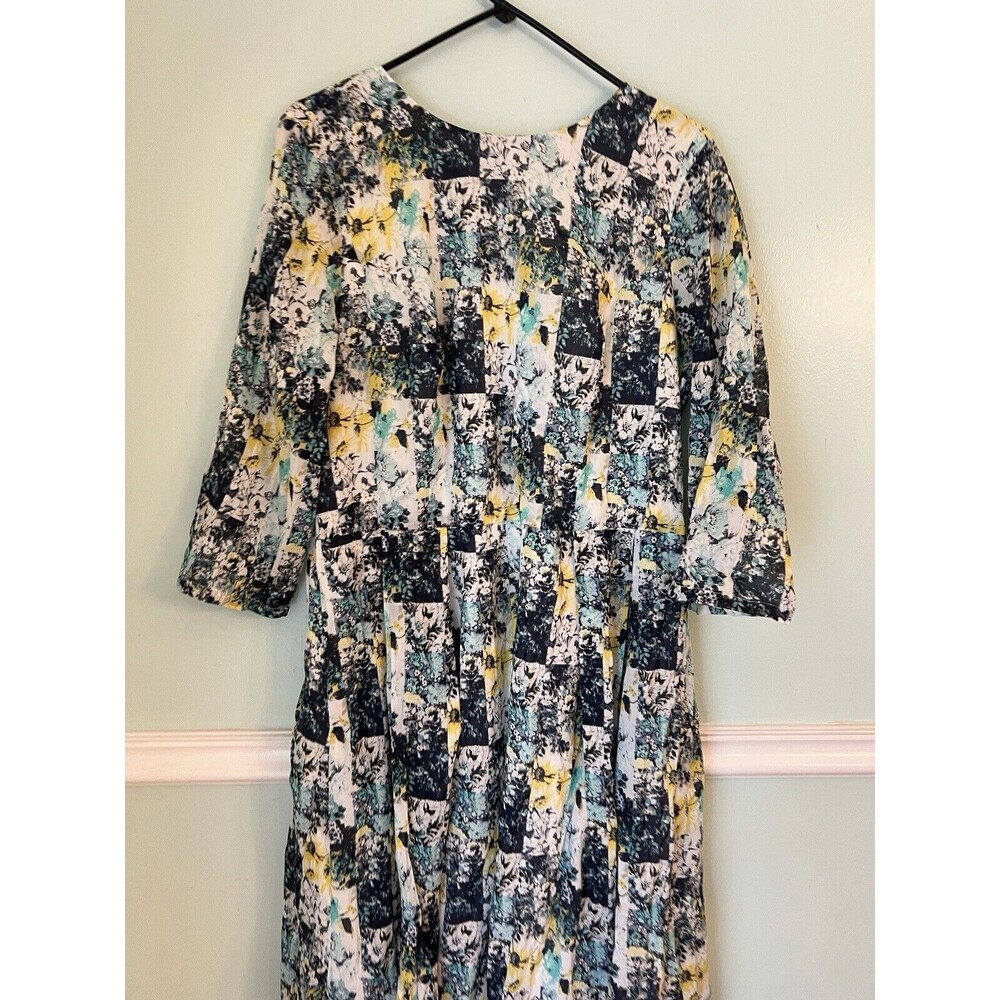 ESHAKTI 1X 18 Midi Geometric Dress Long Sleeve Pleated Cotton Blue Yellow High - Picture 2 of 7